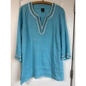 Saks Fifth Avenue Women's XL Tunic Blouse 100% Linen Long Sleeve Turquoise Blue
